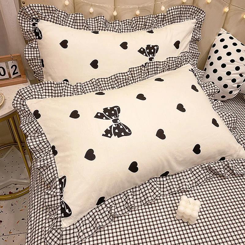 Princess Style Print Pillowcase Korean Style Fashion Lace Soft Pillow Core Cover A Pair of Cotton Pillowcases for Adults
