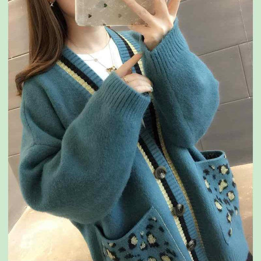 Spring and Autumn V-neck Jacket Knitted Cardigan Leopard Print Top Mid-length Casual Female Student Sweater