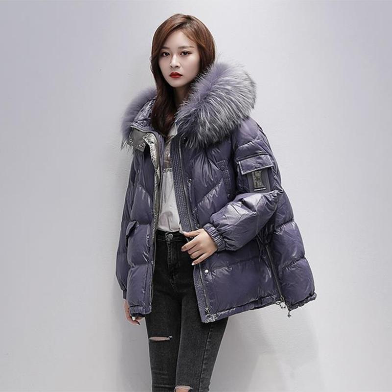 Women's Glossy Loose Down Jacket Mid-length Korean Thick Coat Warm Cotton Coat with Big Fur Collar Winter Quilted Jacket