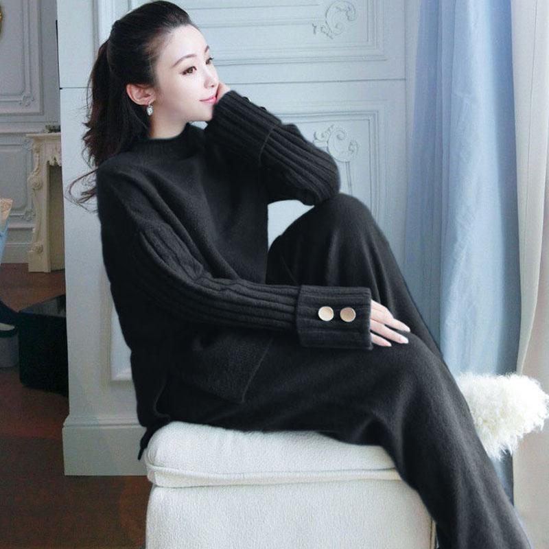 2pcs/set Women Knitted Tracksuit Two-piece Sweater Women's Solid Color Thick Turtleneck Sweater and Loose Knitted Wide-leg Pants Two-piece Set Outfits