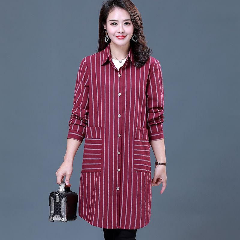 Women's Long-sleeved Striped Shirt Loose Casual Plus Size Mid-length Blouse
