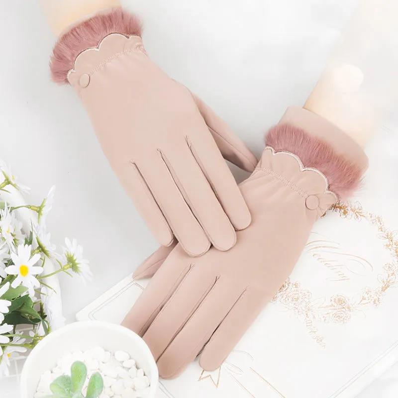 Gloves Women Winter Thick Skin-friendly Warm Cotton Gloves Students Cute Touch Screen Windproof Warm Plus Velvet Cold Riding
