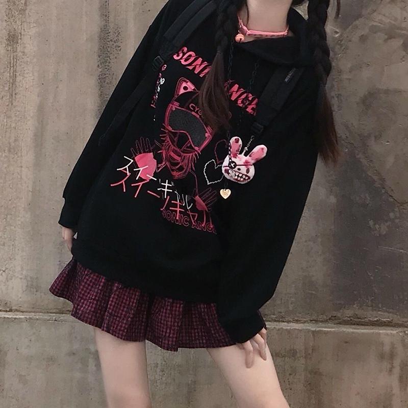 Women Fashion Sweatshirt Punk Gothic Hoodies Japanese Anime Pullovers Black Oversize Y2K Girl Sweatshirts Graffiti Hipster Streetwear Hip Hop Hoodies