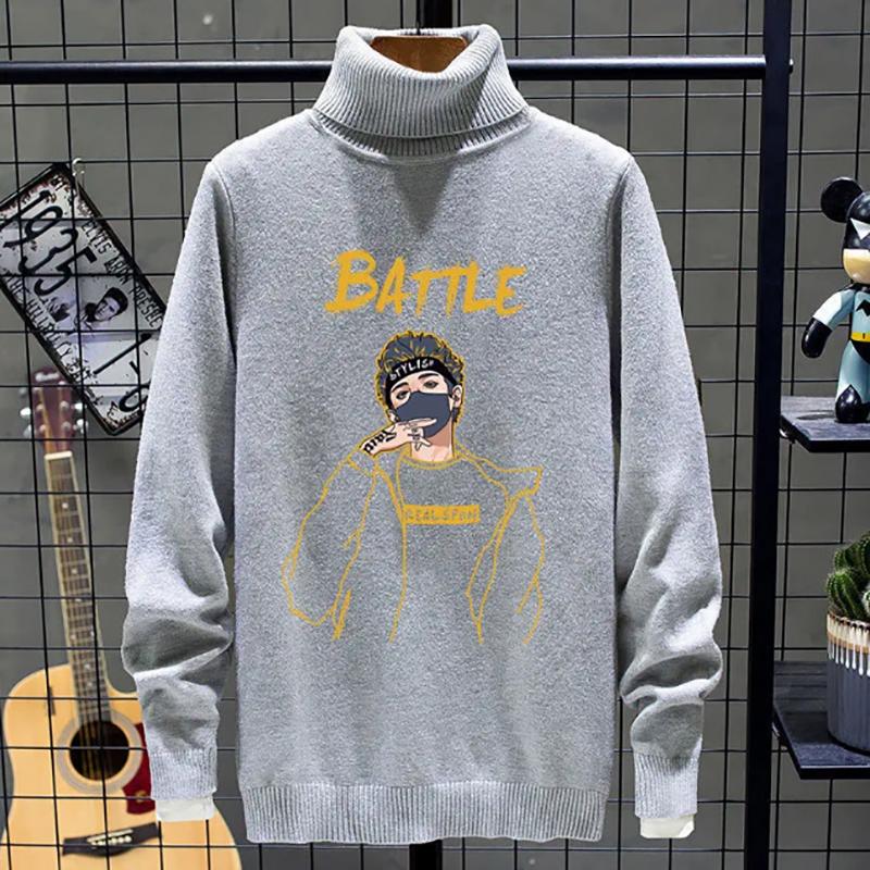 White Turtleneck Sweater Men's Slim Trendy Sweatshirts Men's Autumn and Winter Plus Velvet Thickening To Keep Warm