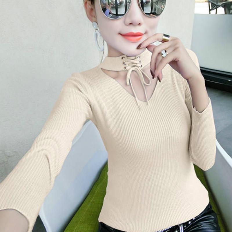 Pofulove Sexy Hollow Out Lace Up Turtleneck Knitwear High Elasticity Skin-friendly Pullover Sweater