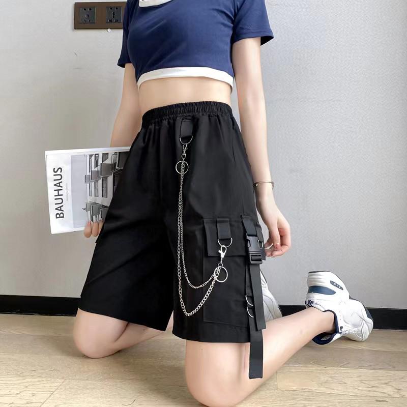 Overalls Shorts Female Summer Student Street Hip-hop Loose Punk Shorts All-match Straight High-waisted Five-point Wide-leg Pants Unisex
