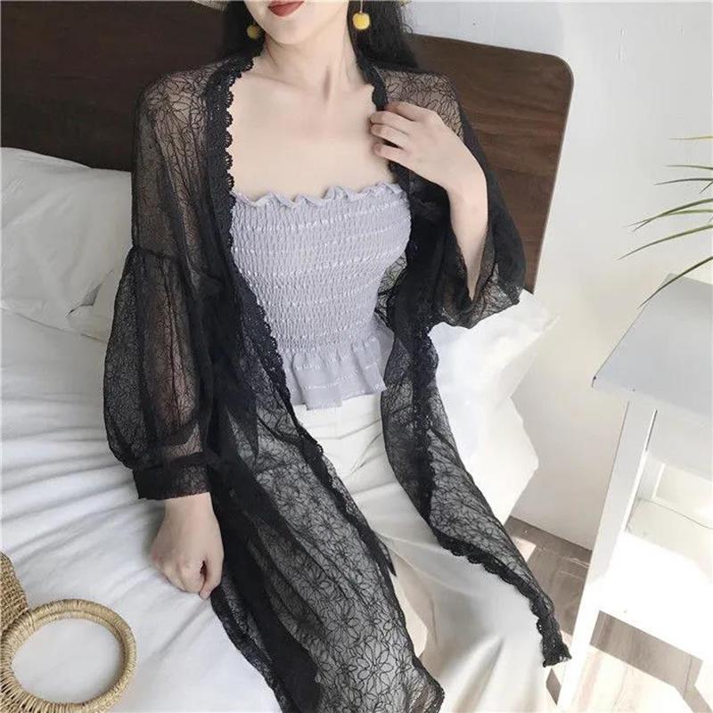 3 Colors Plus Size S-XXXXL Women's Lace Sun Protection Thin Cardigan Beach Mid-length Loose Grace and Temperament