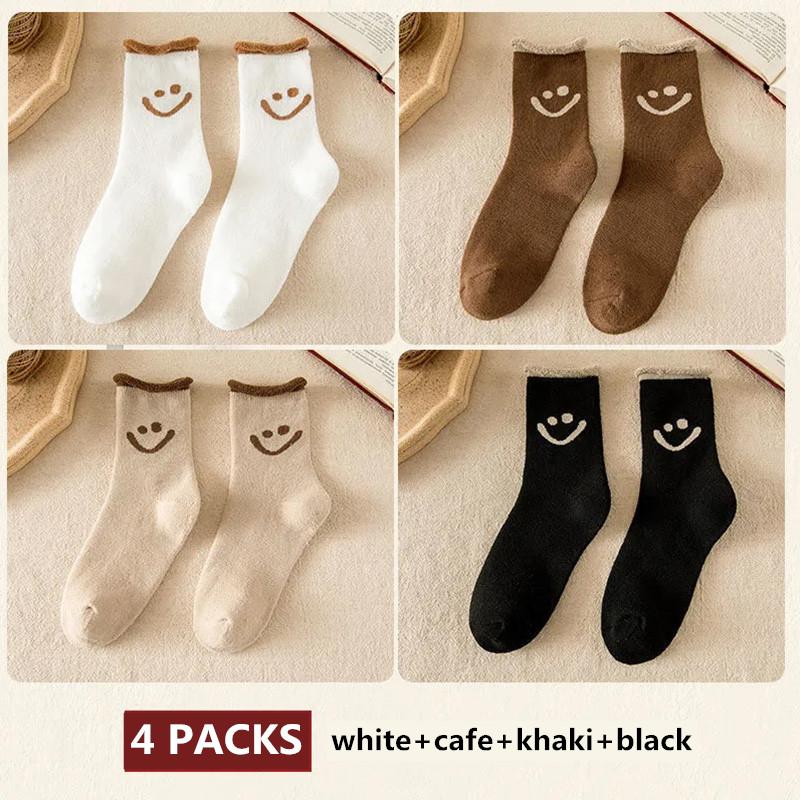 4 Pairs Women's Thick Socks Cute Smile Face Stockings Japanese Autumn Winter Warm Plus Velvet Socks Solid Color Indoor Floor Socks