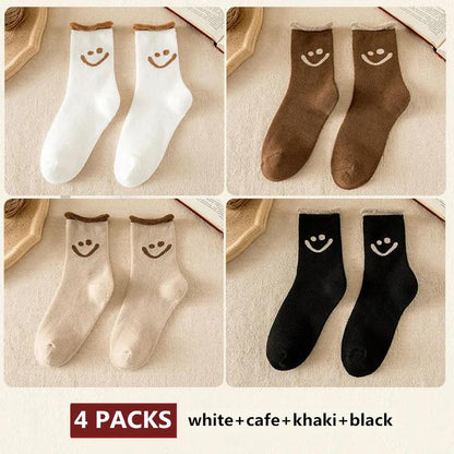 4 Pairs Women's Thick Socks Cute Smile Face Stockings Japanese Autumn Winter Warm Plus Velvet Socks Solid Color Indoor Floor Socks
