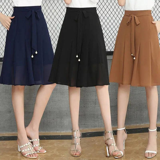 Summer Thin Chiffon Culottes Five-point Half Skirt Women's Slim Large Size High Waist Solid Color Mesh Office Short Skirt Pants
