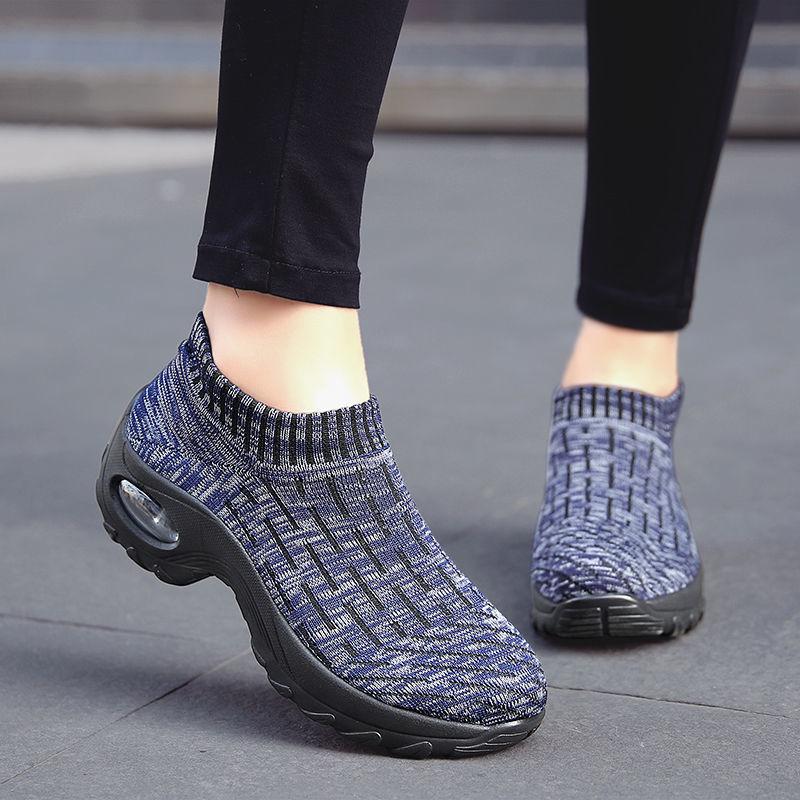 Women's Mid High-heeled Sneakers Casual Breathable Mesh Sports Shoes Running Flat Shoes Slip on Thick-soled Dance Shoes