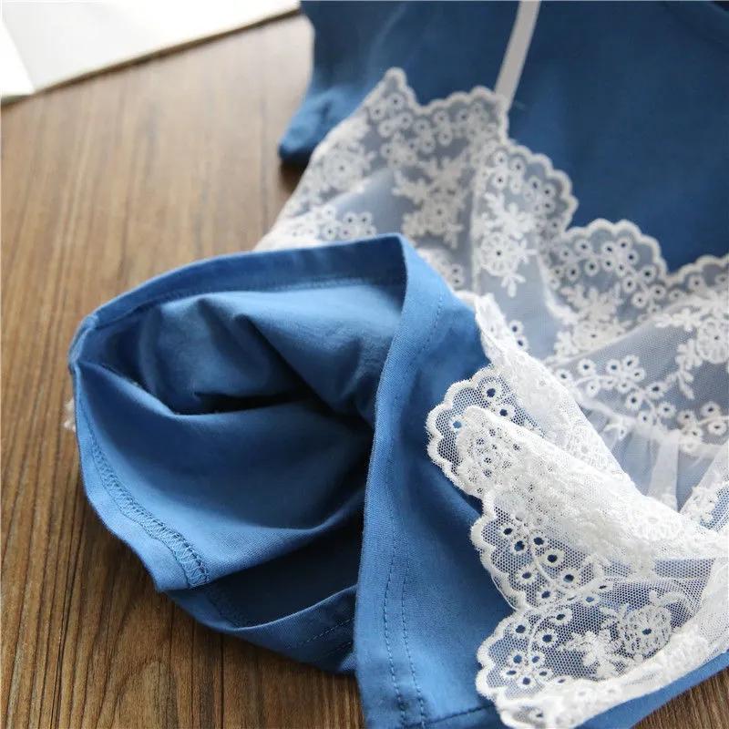 Cotton Girl Fake Two Summer T -shirts Female Baby Children's Children's Clothing Lace Wild Short Sleeve Top