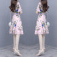 Pofulove S-2XL Women Summer High-end Floral Chiffon Dress Short-sleeved V-neck A-line Sun-dresses