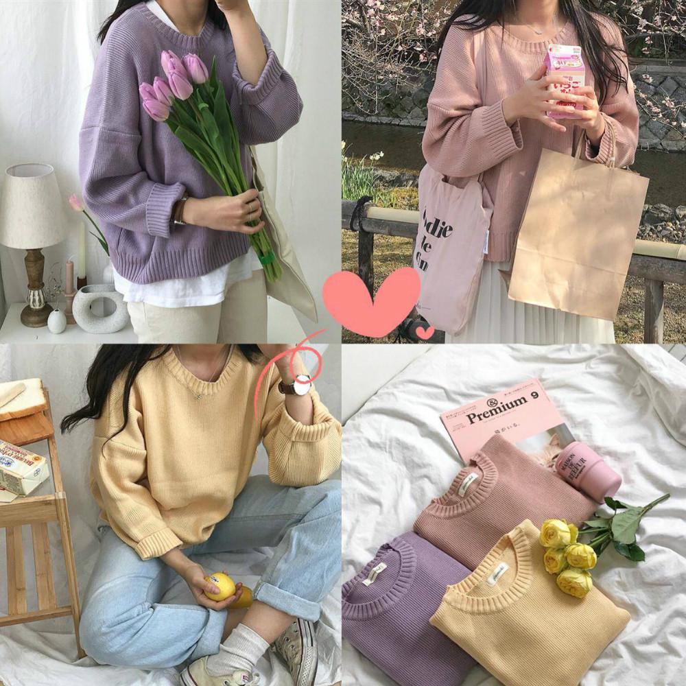 Pofulove 3 Colors Girly Solid Purple O-Neck Loose Sweater Blouse Warm Simple Color Sweet Sweaters