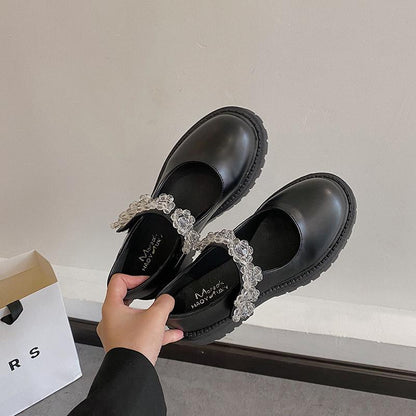 Leather Shoes Women British Style Japanese Black Ice Flower Crystal Thick Bottom Mary Jane Shoes Doll Single Shoes Women's Loafers