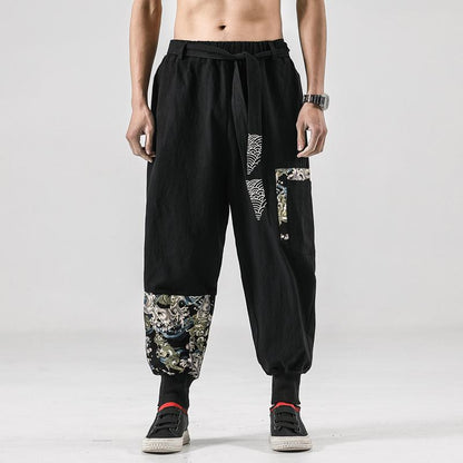 Chinese Style Linen Cotton Casual Pants Embroidery Tooling Bloomers Male Hip-hop Retro Style Tang Suit