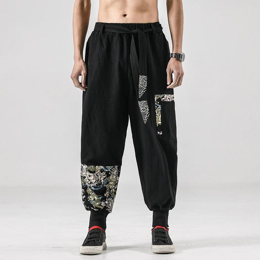 Chinese Style Linen Cotton Casual Pants Embroidery Tooling Bloomers Male Hip-hop Retro Style Tang Suit