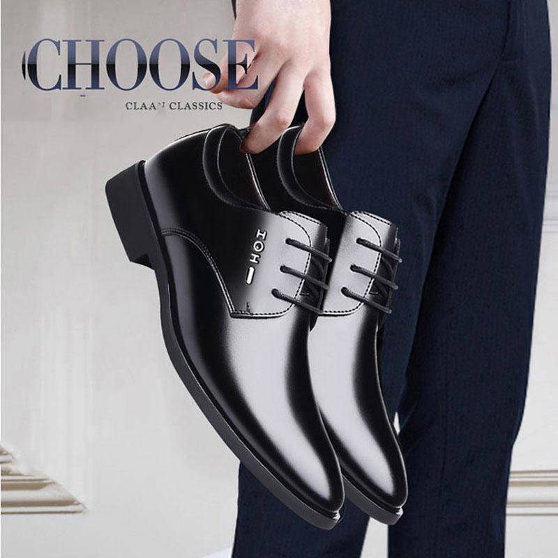Genuine Leather Cowhide Men's Lace-up Shoes for Men's Business Increase Korean Wedding Shoes