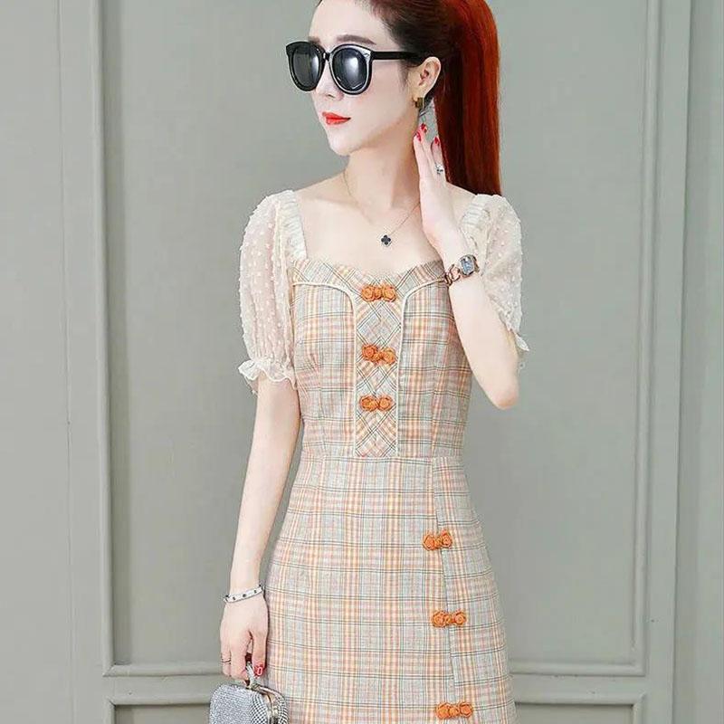 Summer Plaid Dress Square Neck Puff Sleeve A-Line Skirt