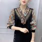 Printed Top Women's Long-sleeved Spring and Autumn T-shirt V-neck Chiffon Shirt Loose Shirt