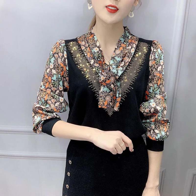Printed Top Women's Long-sleeved Spring and Autumn T-shirt V-neck Chiffon Shirt Loose Shirt