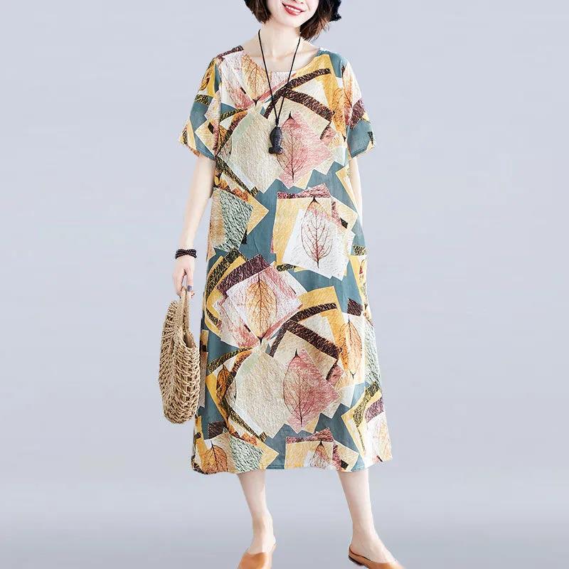Large Size Dress Women's Summer Dress Literary Ethnic Women's Round Neck Print Loose and Thin Belly DRESS