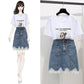 Lace Side Korean Students High Waist Denim Skirt Half Skirt Spring and Autumn Net Red New Hip A-shaped Skirt Two Pieces