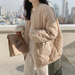 Fall Winter Women Cotton Liner Parka Jacket Coat with O-neck Puffer Corduroy Preppy Style Zipper Pockets Retro Loose Solid Color Black Khaki S-XL