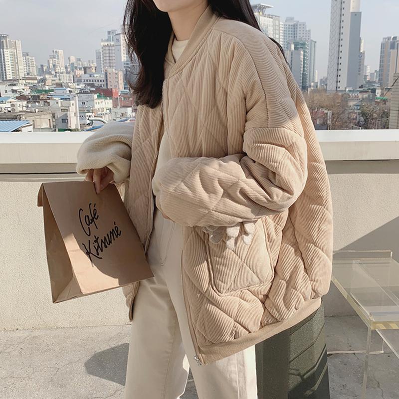 Fall Winter Women Cotton Liner Parka Jacket Coat with O-neck Puffer Corduroy Preppy Style Zipper Pockets Retro Loose Solid Color Black Khaki S-XL