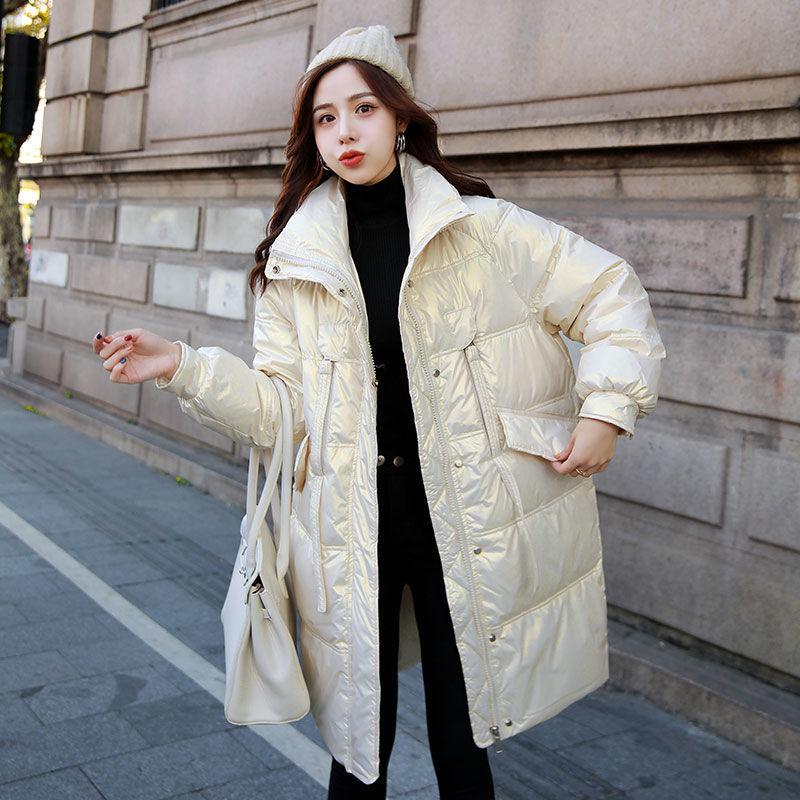 Winter Down Jacket Women's Mid-length Korean Version of The Shiny Loose Thick Temperament Lightweight White Duck Down Jacket