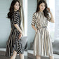 All-match Thin High Waist Skirt Temperament Lady Dress with Pockets In The Long Striped High Waist Dress Thin Elegant Round Neck Retro