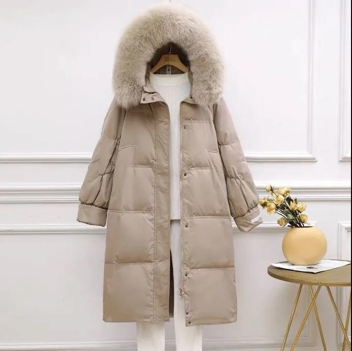 Down Jacket Women's Mid-length Big Fur Collar Korean Fashion Loose Thick Over-knee Winter Hooded Jacket Tide