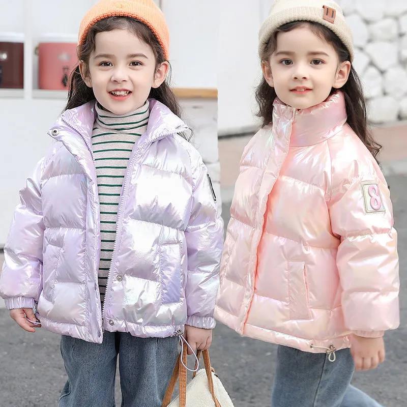Girls' Shiny Warm and Windproof Cotton Jacket Fleece Padded Hooded Winter Padded Jacket