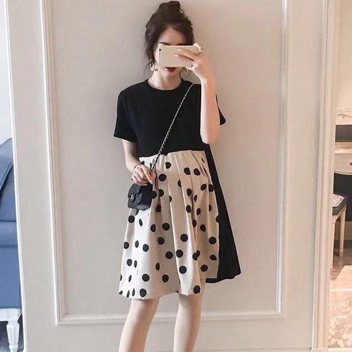 Maternity Clothes Short Sleeve Dress Mid-length Black Dots Loose Plus Size Maternity  Round Neck Skirt