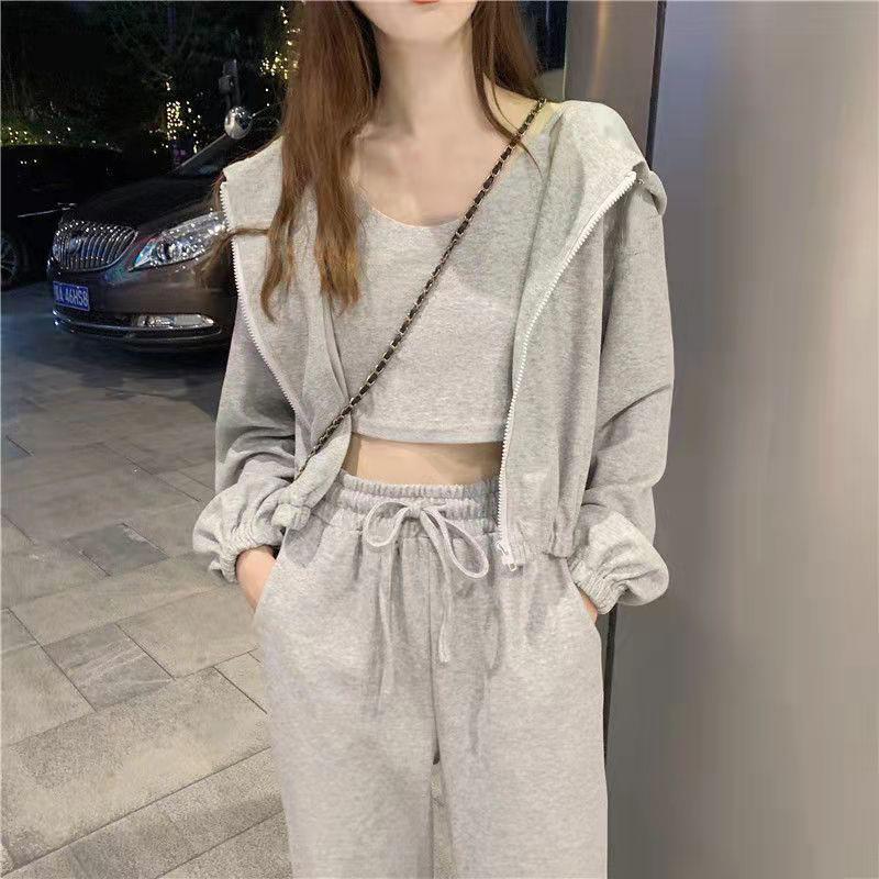 3PCS Women's Spring and Autumn Casual Suit Korean Loose Sports Suit Ladies Vest + Hooded Cardigan + Jogging Pants Fitness Three-piece Suit
