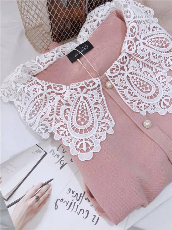 Pofulove Girly Lace V Neck Base Knitwear Skin-friendly High Elastic Fit Women Pullover Sweater