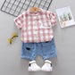 Children's Summer Wear Two Piece Set of Boys' and Girls' Korean Plaid Collar Short Sleeve Shirt and Shorts