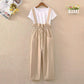 Ladies Casual Suit Two-piece Tooling Loose Overalls + Round Neck Short-sleeved T-shirt Ladies Suit Casual Suspender One-piece Wide-leg Pants