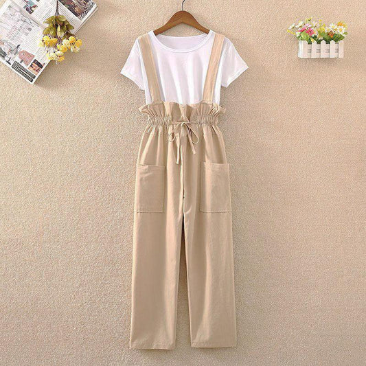 Ladies Casual Suit Two-piece Tooling Loose Overalls + Round Neck Short-sleeved T-shirt Ladies Suit Casual Suspender One-piece Wide-leg Pants