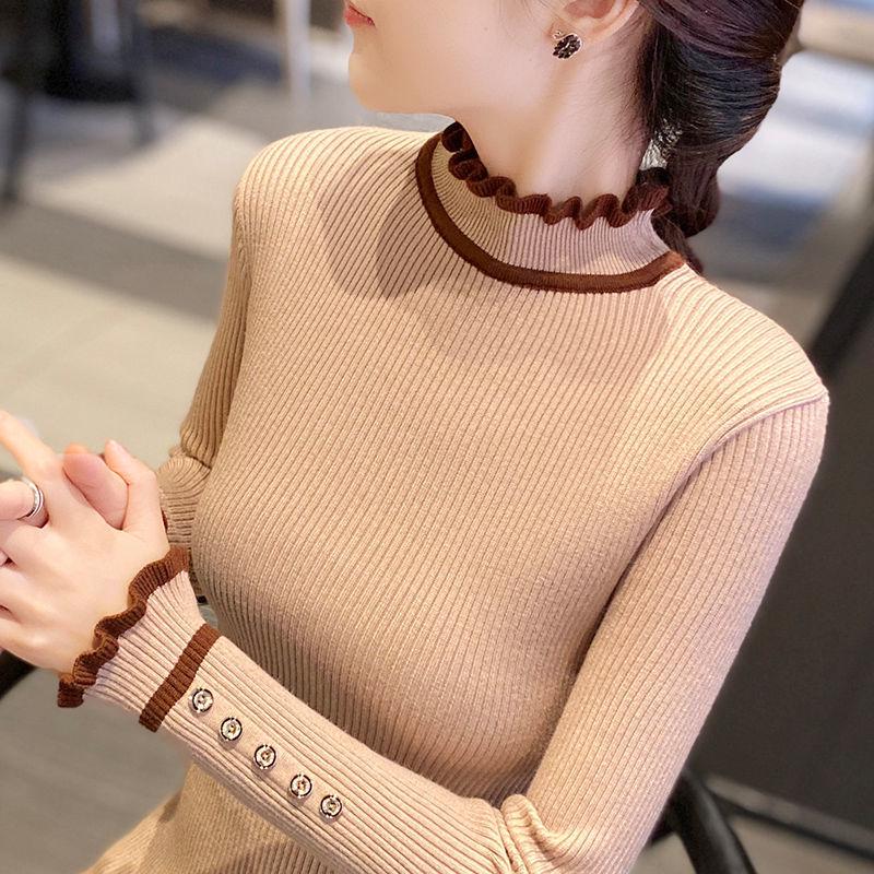 Women's Knitted Bottoming Shirt In Autumn and Winter To Wear Slim and Thin Half Turtleneck Sweater with Wood Ears Thick Western Style Sweater Top