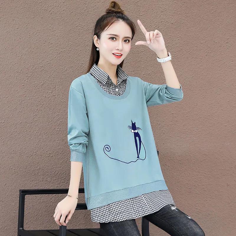 Women's Faux Two-piece Stitched Sweater Spring and Autumn Thin Long Sleeve Tops Solid Color Printed Loose Coats
