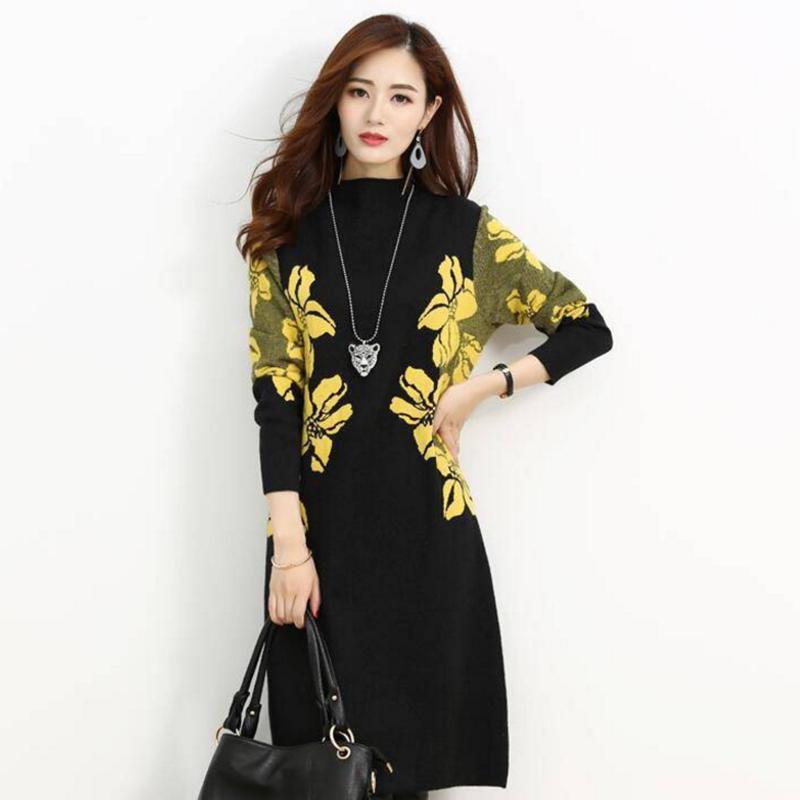 Pofulove fashion women's printed turtleneck plus velvet thick long-sleeved loose dress Plus size