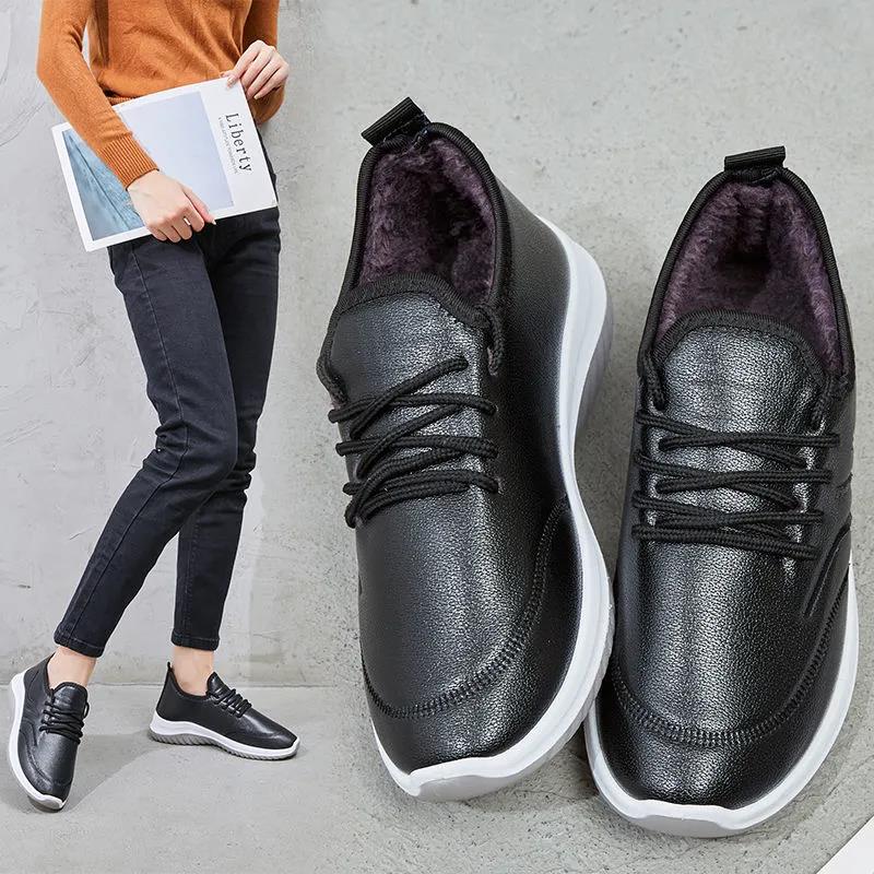 Winter Waterproof Leather Sports Shoes Women Cotton Boots Non-slip Work Shoes Plus Velvet Thick Leather Shoes