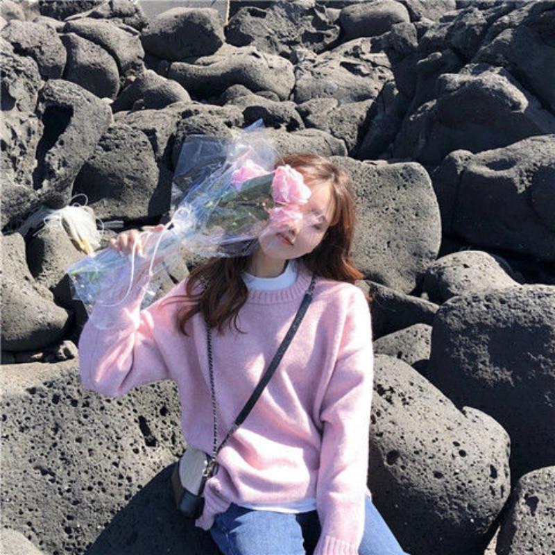 Pofulove Autumn Winter Simple Solid Color Long-sleeved Sweater Female Loose Pullover Student Shirt
