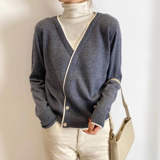 Color-blocking Turtleneck Sweater Women Autumn and Winter Piled Pile Collar Loose Wild Western Fake Two-piece Knitted Bottoming Shirt