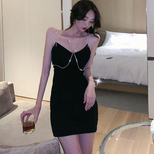 Female Summer Simple Elegant Shiny Slim Bag Hip Black Strap Graceful Party and Club Dress