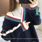 Autumn Japanese Sweater V-neck Fashion Casual Jacket Knitted Striped Youth Women's Top