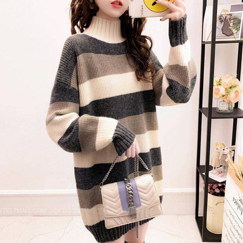 Women's Striped Turtleneck Sweater Long Sleeves Loose Mid-length Pullover Sweater Jumper