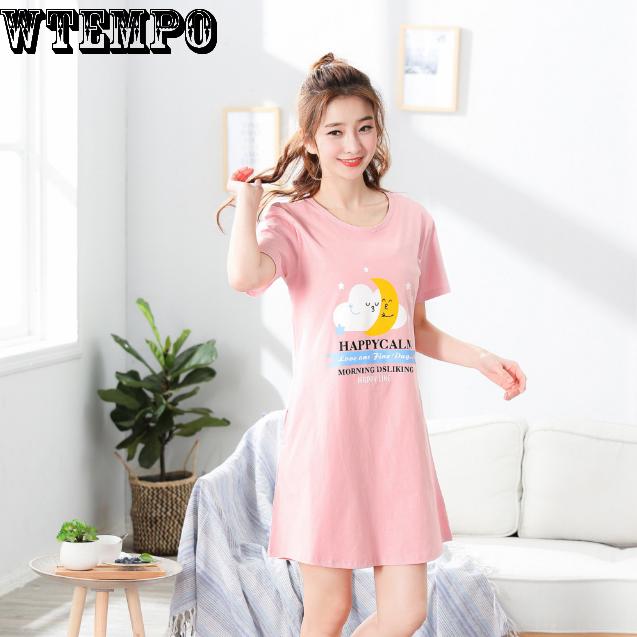 WTEMPO Female Summer Cute Nightdress In The Long Paragraph Cartoon Can Wear Short-sleeved Skirt