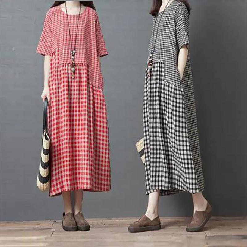 Cotton Literary Plaid Dress Women's Short-sleeved Summer Loose Large Size Was Thin Retro Mid-length Dress